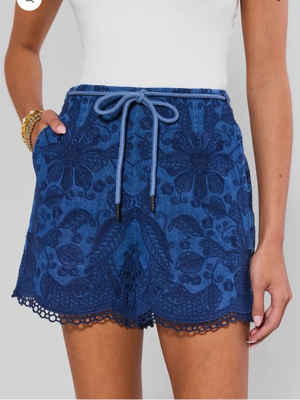 High-Waist Blue Floral Lace Drawstring Women’s Shorts NO BELT
